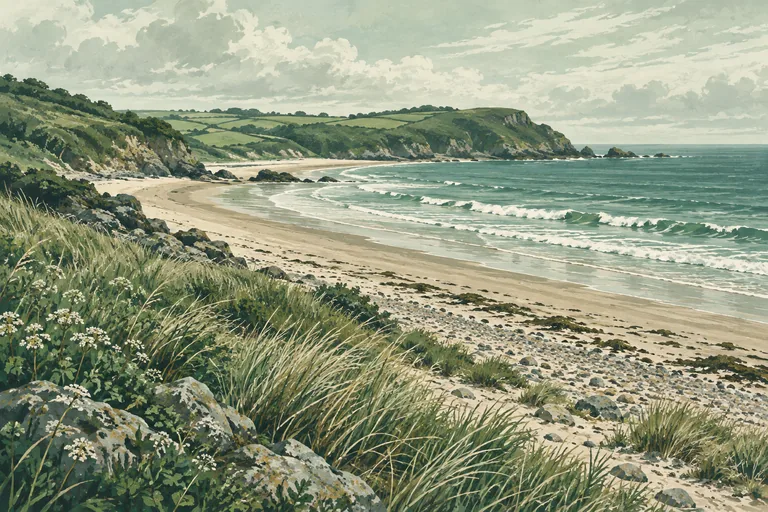 Gouache illustration of a quiet coastal search landscape with grass, sand and a green headland.